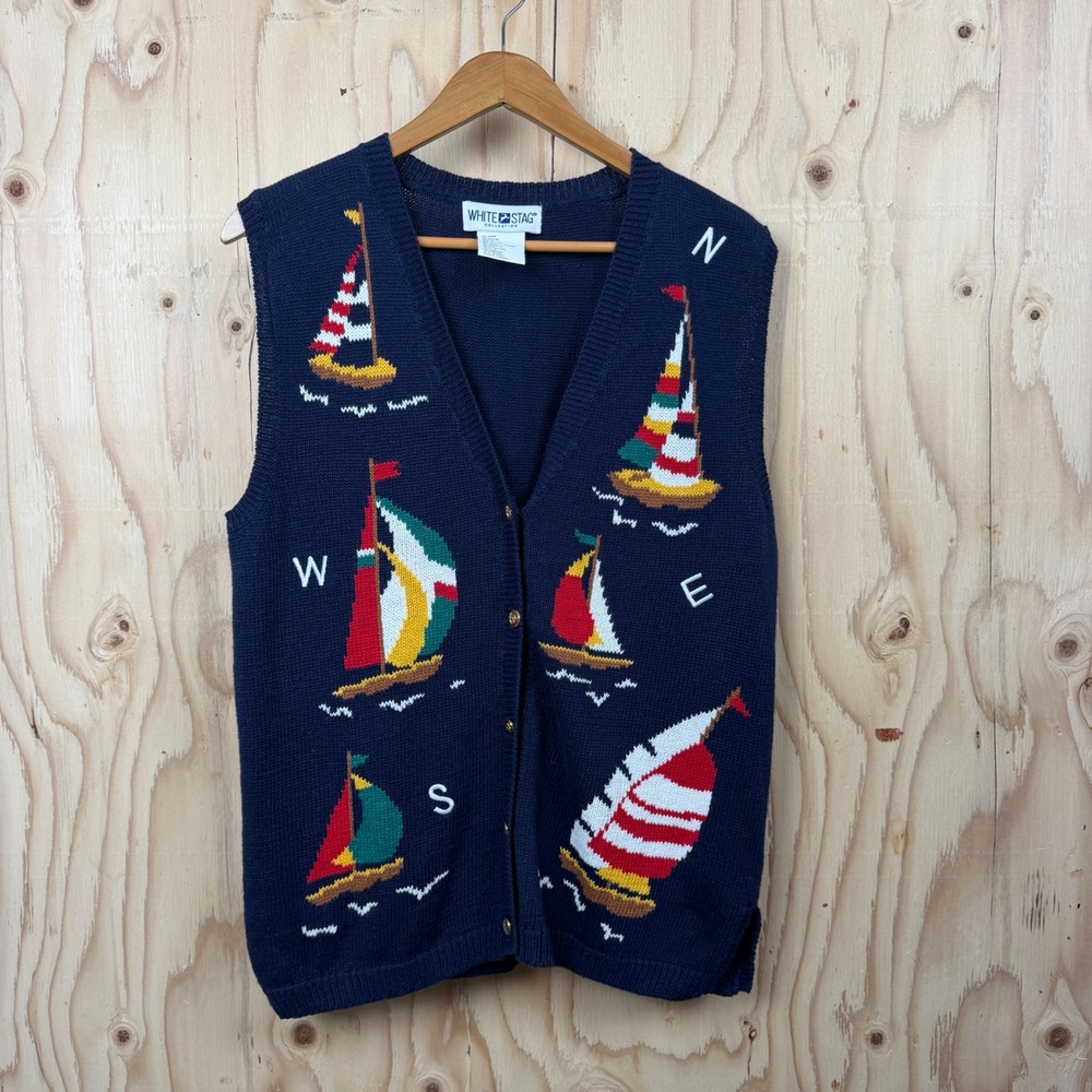 White Stag Sweater Vest Women M Navy Blue Sailboat Nautical Compass Ramie Cotton